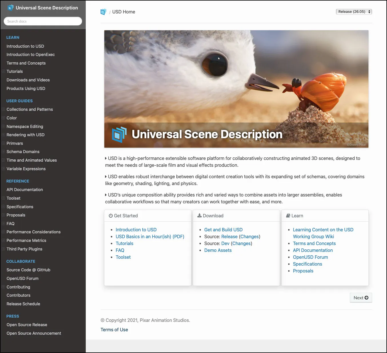 Screenshot of USD homepage.